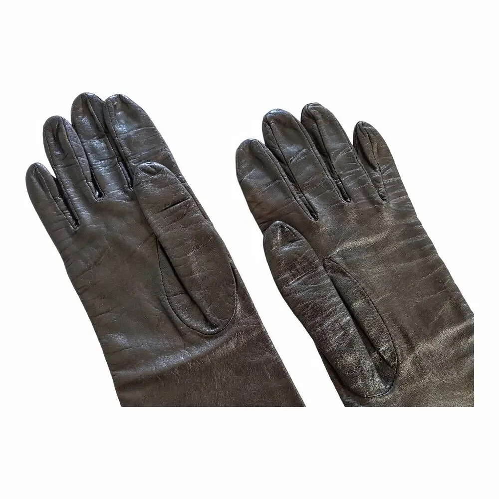 Vintage Leather Gloves Brown 3/4 Length Retro Accessories Size Large Winter Wear